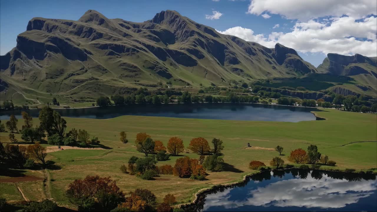 Aerial video captures a stunning landscape with mountains, lakes, and autumn trees