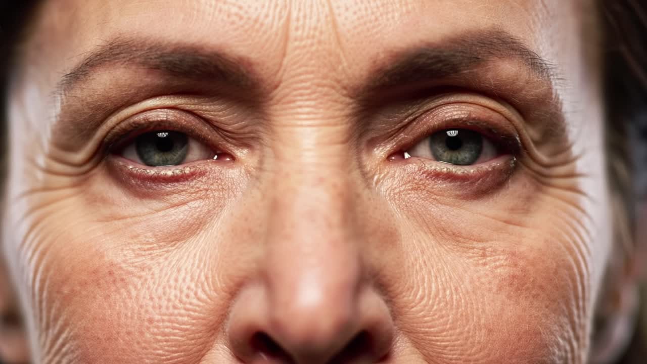 Close-up view of a woman's face with expressive features highlighting age and emotion