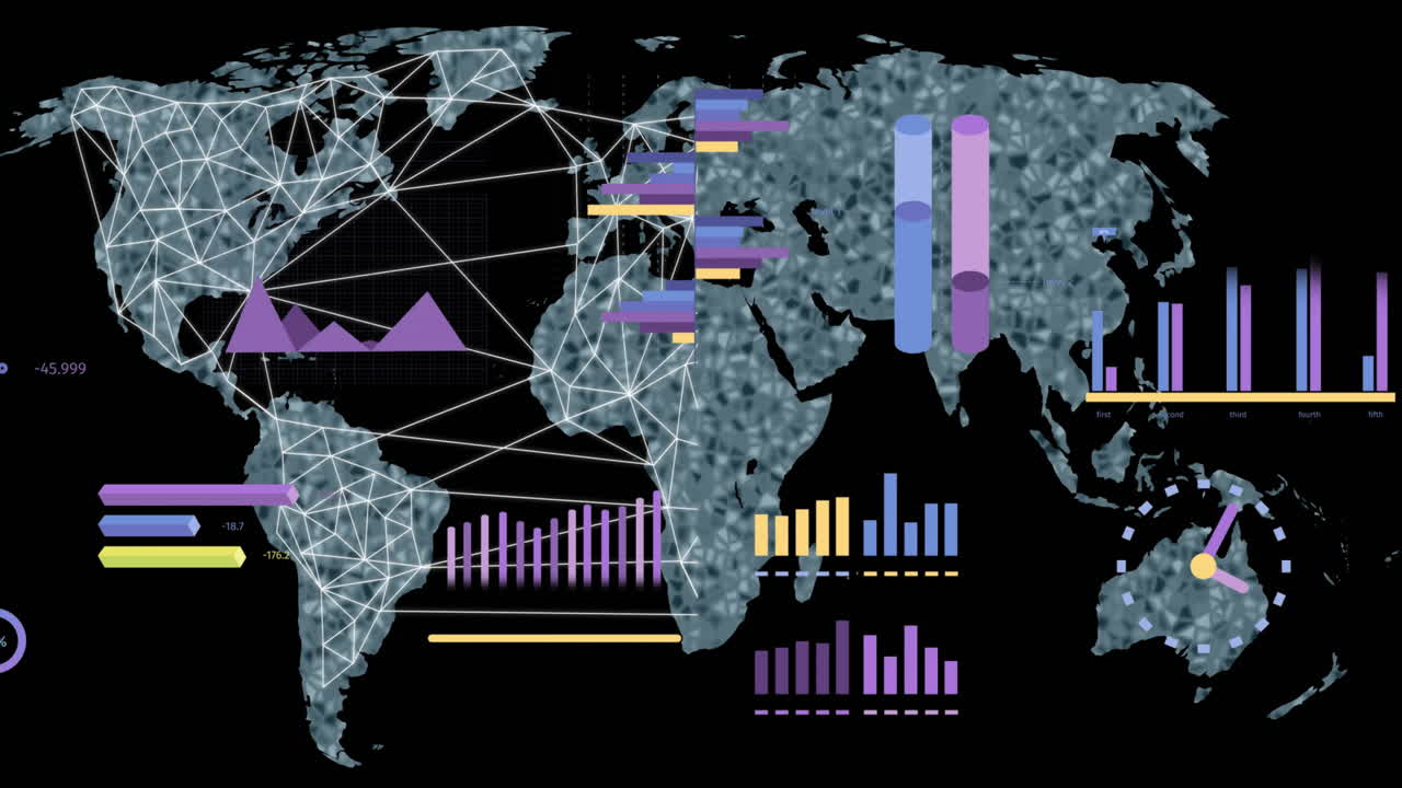 Animation of data processing and world map over black background
