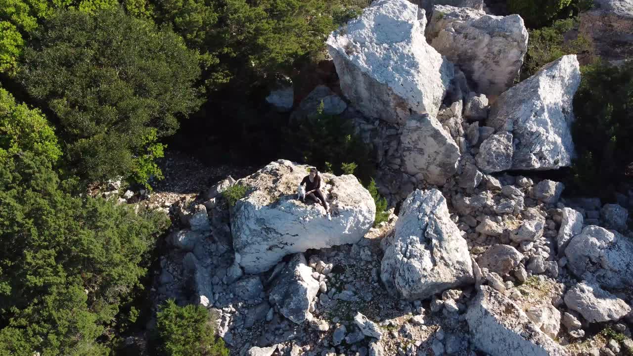 AERIAL - Woman with dog on rock overlooking deep blue ocean and green forest
