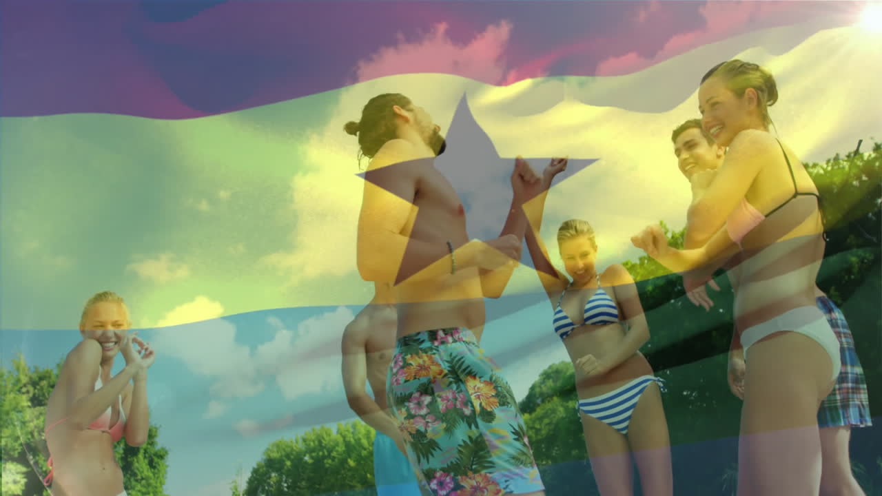 With Ghana flag animation overlay, friends in swimwear relaxing outdoors together