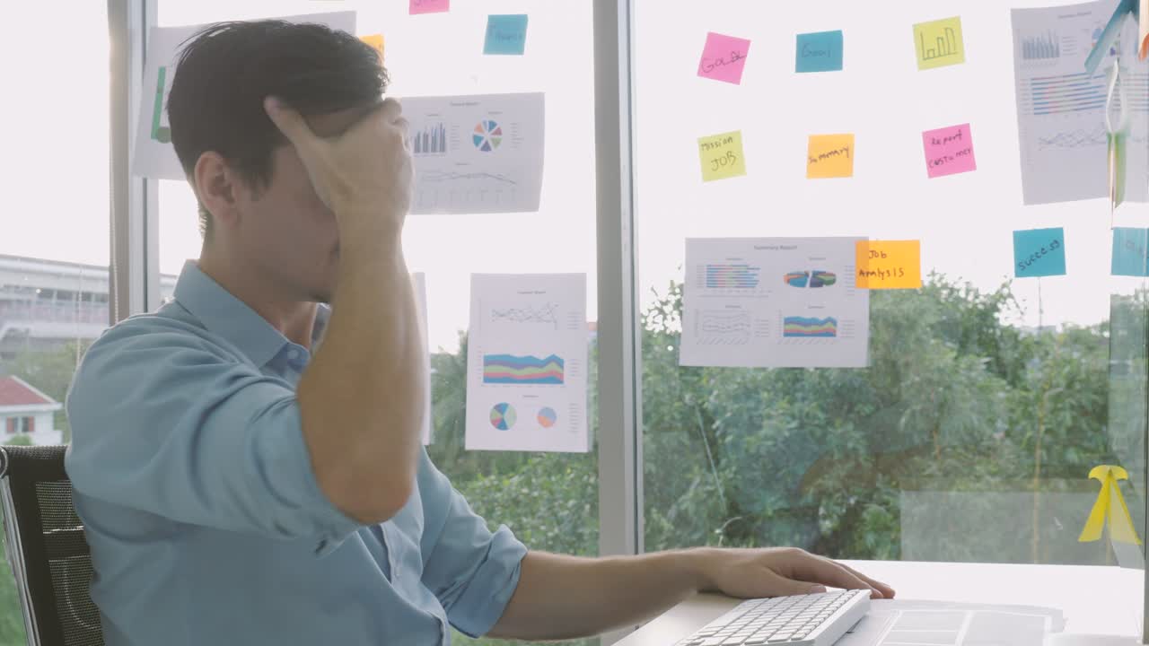 Annoyed angry businessman troubled with sudden computer failure, stressed man have a big troubles and lost lose big deal while working on computer at desk in office, Losers disappointment concept