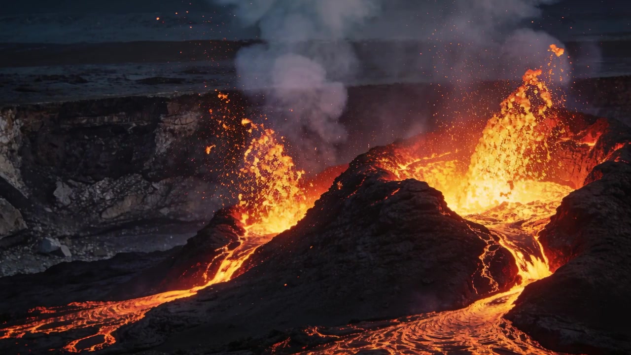 Bocca vulcanica ruggente che erutta fontane di lava fusa di notte sulla costa, con magma in risalita che inonda i canali.