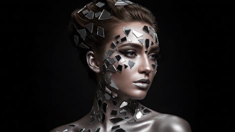 a captivating portrait of a model adorned with shimmering mirror fragments, creating an enigmatic and reflective visual experience in a dark setting