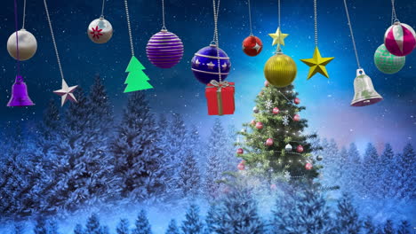animación de bolas de navidad sobre árboles de navidad y nieve cayendo sobre fondo azul