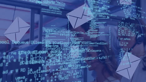 animation of data processing over business people using phone headsets