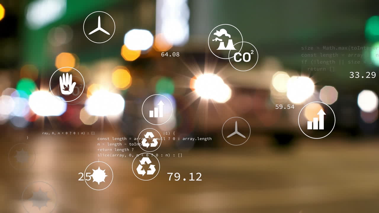 Animation of multiple digital icons against blurred view of night city traffic