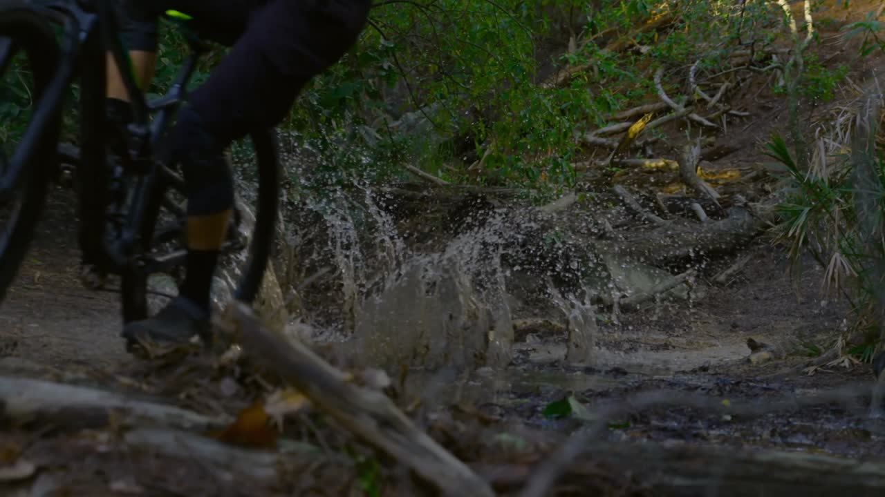 Homem pedalando na floresta 4k