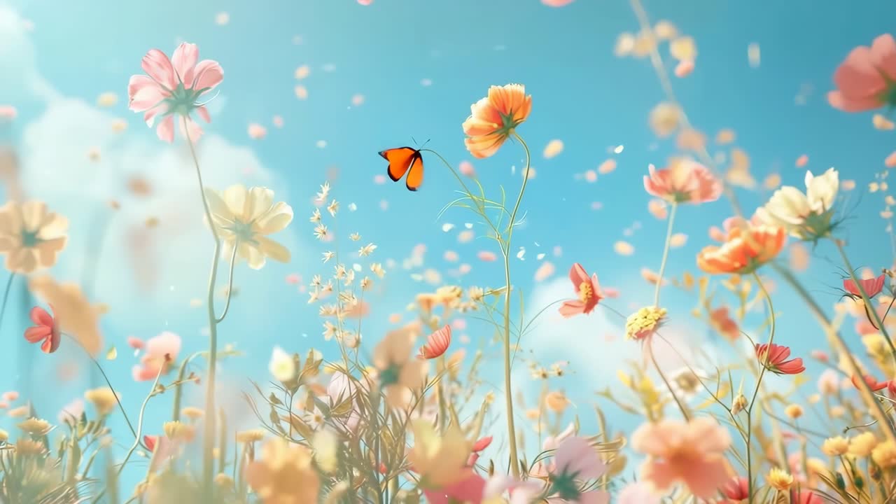 A dreamy, low-angle video captures vibrant wildflowers and butterflies against a bright blue sky