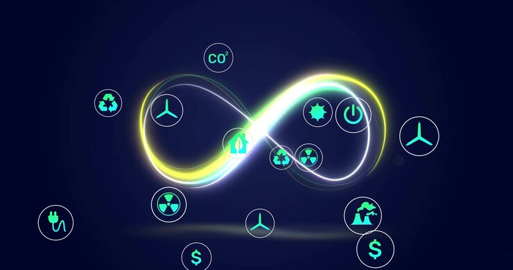 Infinity loop with renewable energy icons and sustainability animation