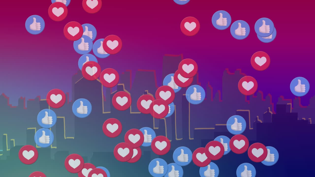 뒤에 도시 풍경에 대한 엄지 손가락과 심장 아이콘의 디지털 애니메이션