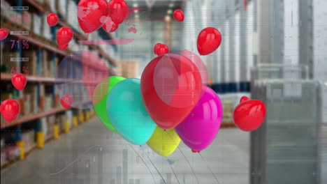 floating colorful balloons over warehouse with data processing animation happening