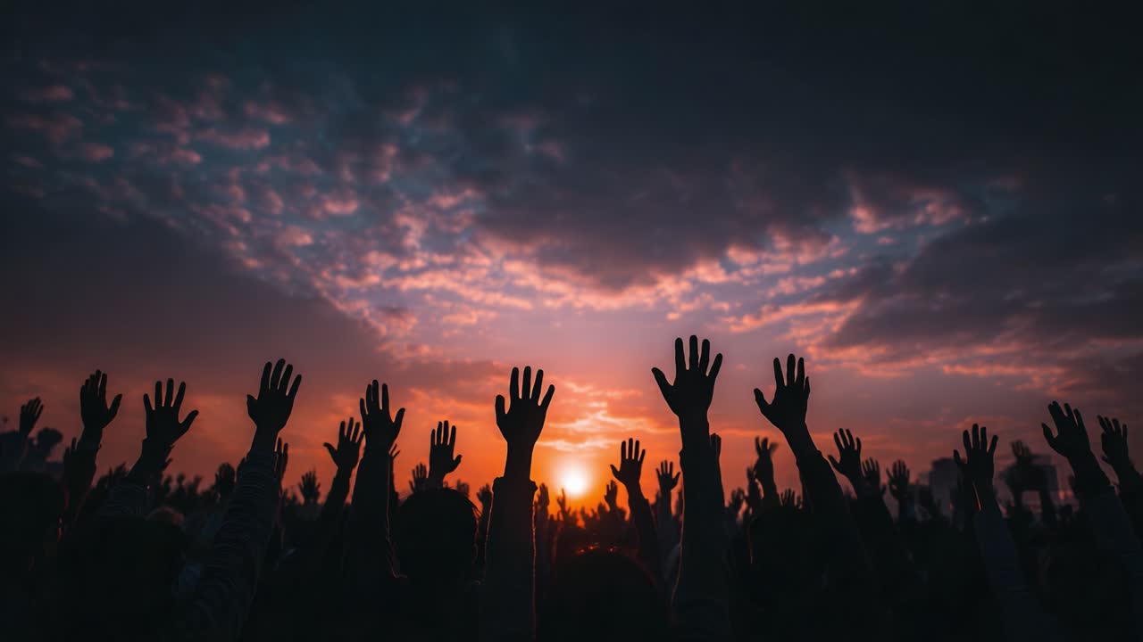 An Inspiring Sunset Gathering Capturing the Spirit of Unity, Hope, and Collective Joy as Hands Reach Towards the Vibrant Horizon, Signifying Togetherness and Celebration