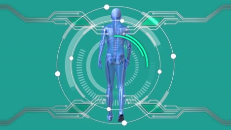 animation of circuit board processor and scope scanning with human model on green background