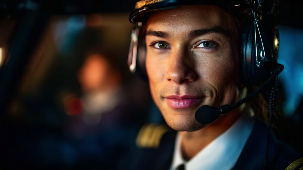 A confident pilot in a cockpit, prepared for takeoff, showcasing determination and professionalism with a headset and a focused demeanor, ready to navigate the skies ahead