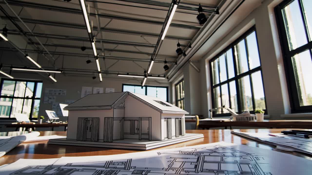Vidvinkeloptagelse af en arkitektonisk model på et skrivebord på et solbeskinnet kontor, der viser et moderne design.