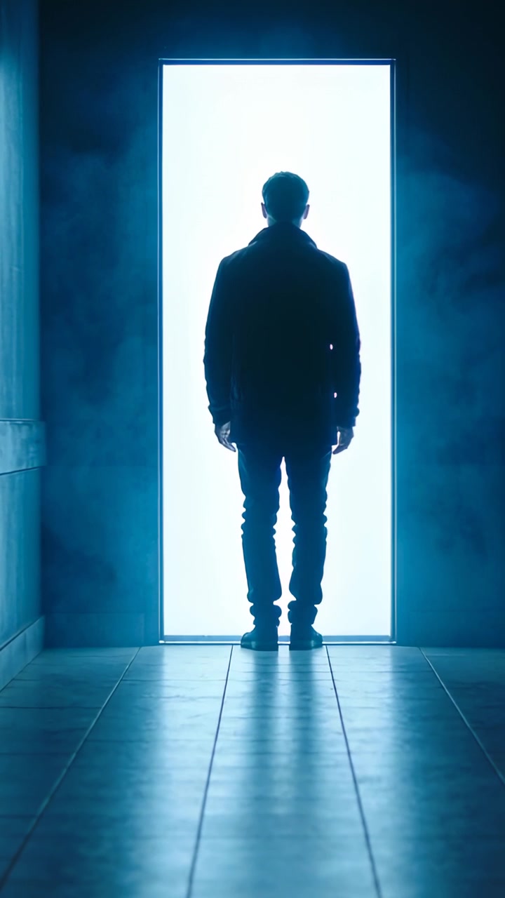 Video verticale: Uomo con il cappotto che cammina lungo il corridoio verso una porta illuminata che lo attrae, fermandosi alle piastrelle della porta.