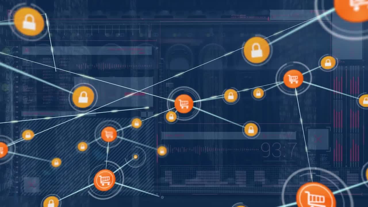 animación de una red de iconos digitales y procesamiento de datos frente a un servidor de computadora