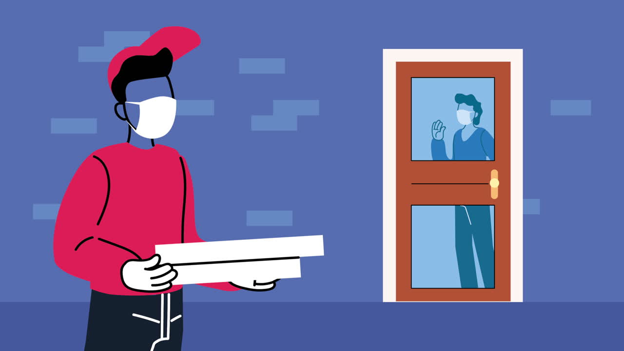 safe delivery courier wearing medical mask with pizza boxes