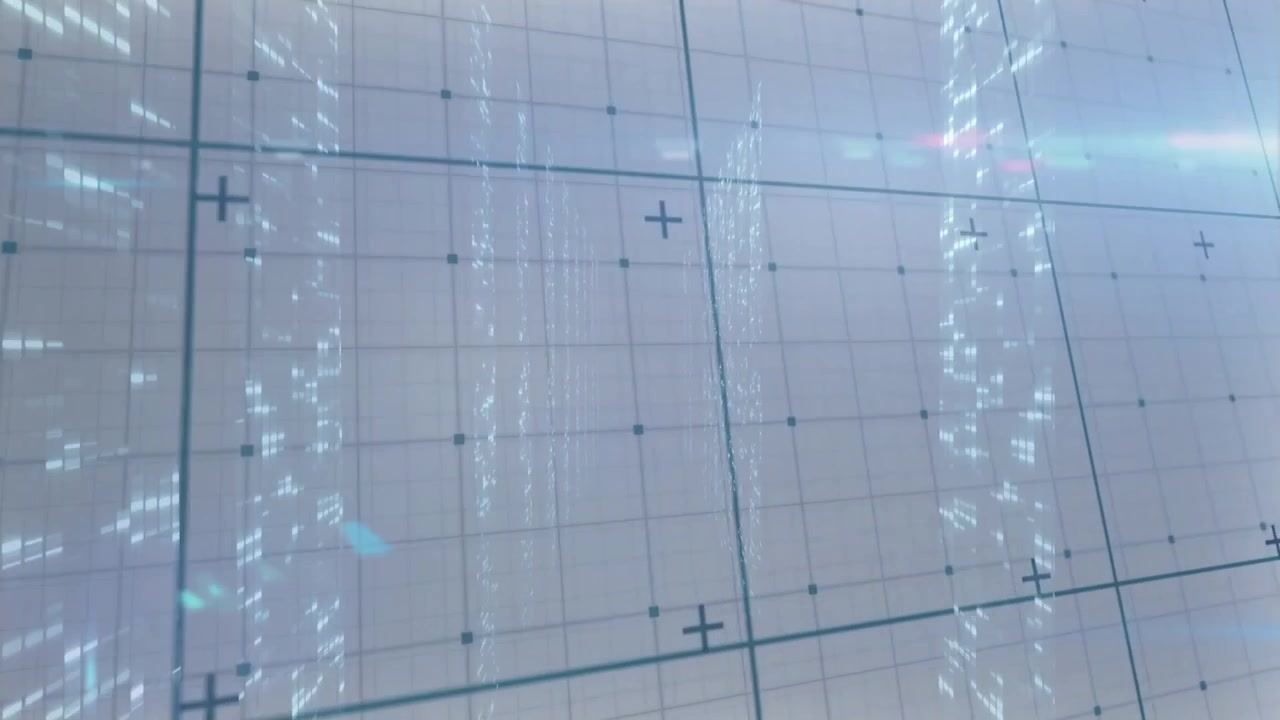 Scene opening starting camera panning rotating across hologram grid towers revealing data cityscape