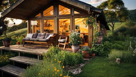 cozy wooden cabin surrounded by lush greenery at sunset