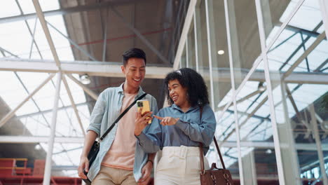 Phone,-black-woman-and-man-walking-in-a-office