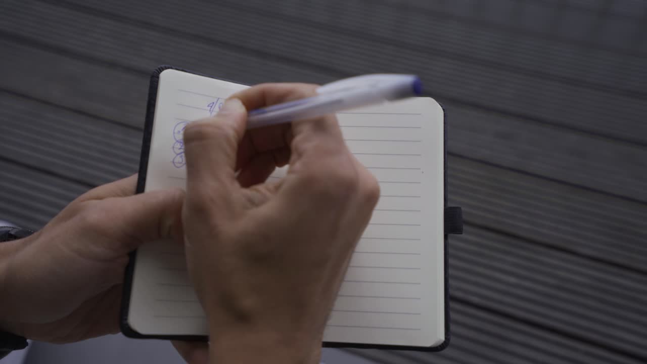 Closeup of a man's hand writing down the day's to do list in a small notebook on a wooden table