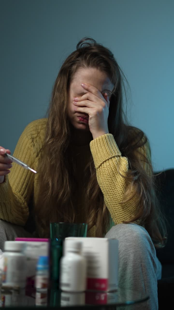 Una donna malata siede su un divano in una stanza poco illuminata, tenendo un termometro in una mano e la testa nell'altra, mostrando segni di febbre, dolore e sensazione di calore durante una malattia influenzale a casa.