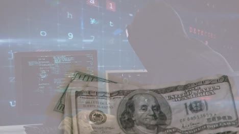 animación del procesamiento de datos en movimiento sobre un hacker informático y un billete de banco