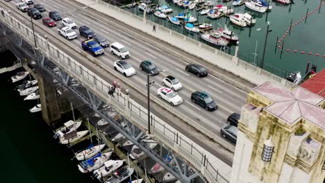 Traffic-On-Burrard-Street-Bridge-Over-Marina-In-False-Creek-During-Truckers-Convoy-Rally-In-Vancouver,-BC,-Canada