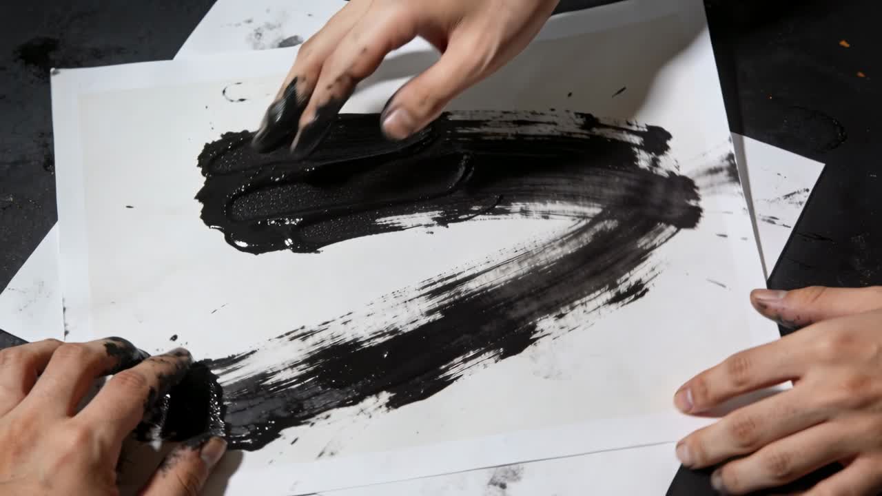 Smearing two adult bare hands pressing, dragging black pigment on tabletop workspace, white sheets