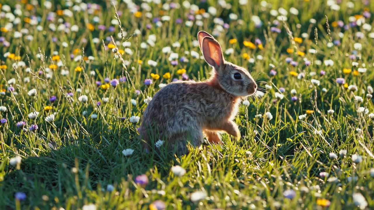 A rabbit in a wildflower meadow captured at a low angle, showcasing vibrant colors and natural