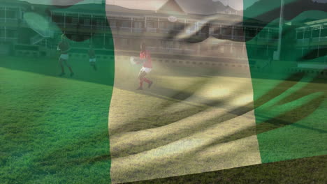 animation of flag of nigeria over diverse footballers