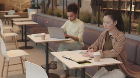 woman drinking coffee and working in cafe