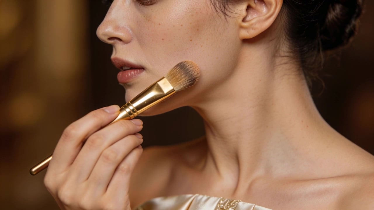 Blending makeup along jaw after streak, model with gold brush on set wearing strapless gold-trim