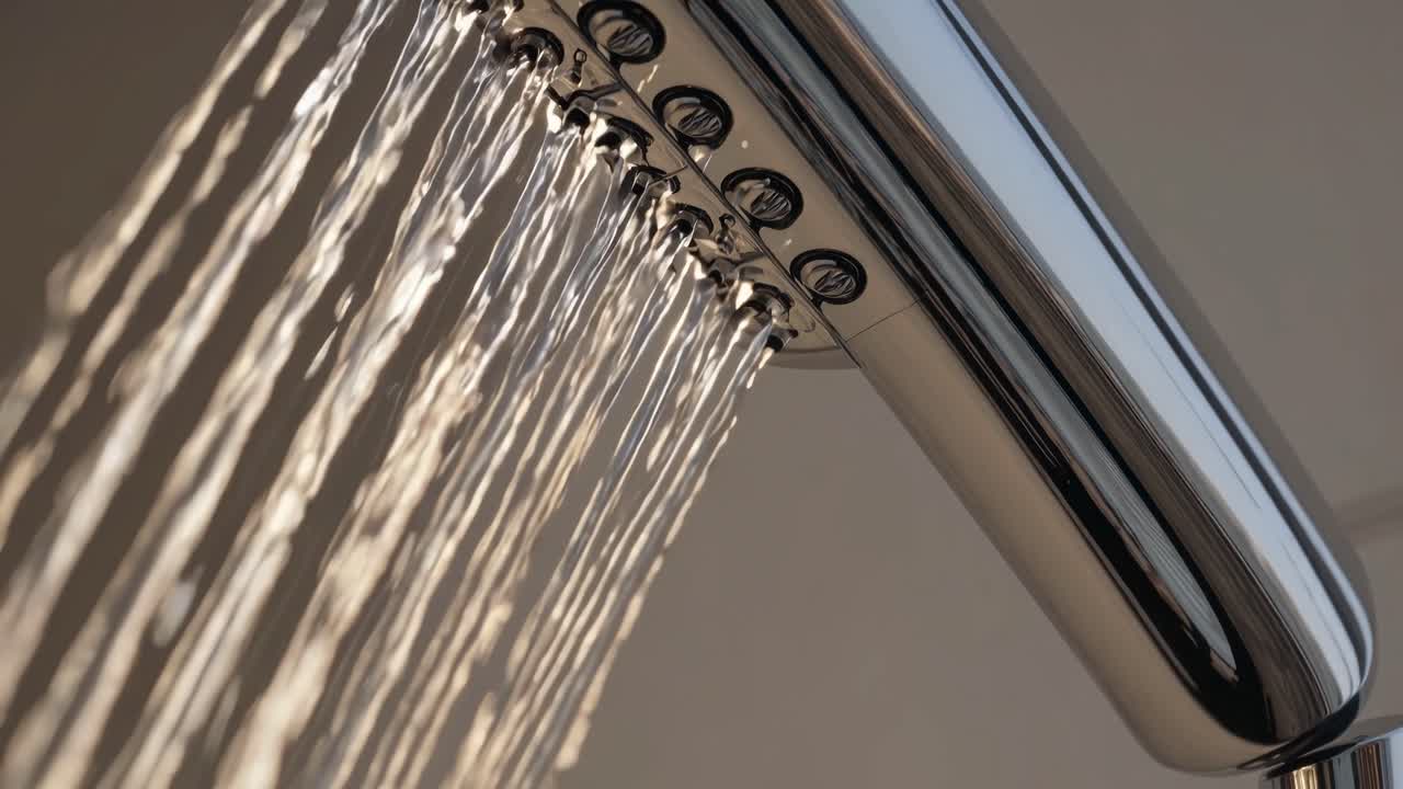Video ravvicinato con angolazione della camera di un soffione moderno con acqua che scorre, che mette in risalto il design elegante