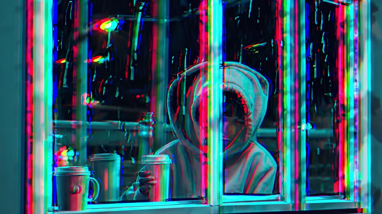 Person wearing hoodie drinking coffee in a rainy night near neon lights with a rgb glitch effect creating a cyberpunk and futuristic atmosphere