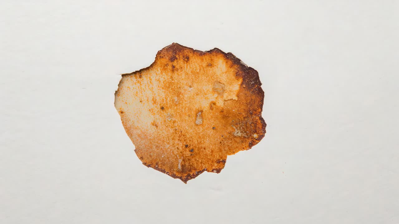 Reframing camera bringing brown orange patch closer on pale wall, revealing crusted rim for texture