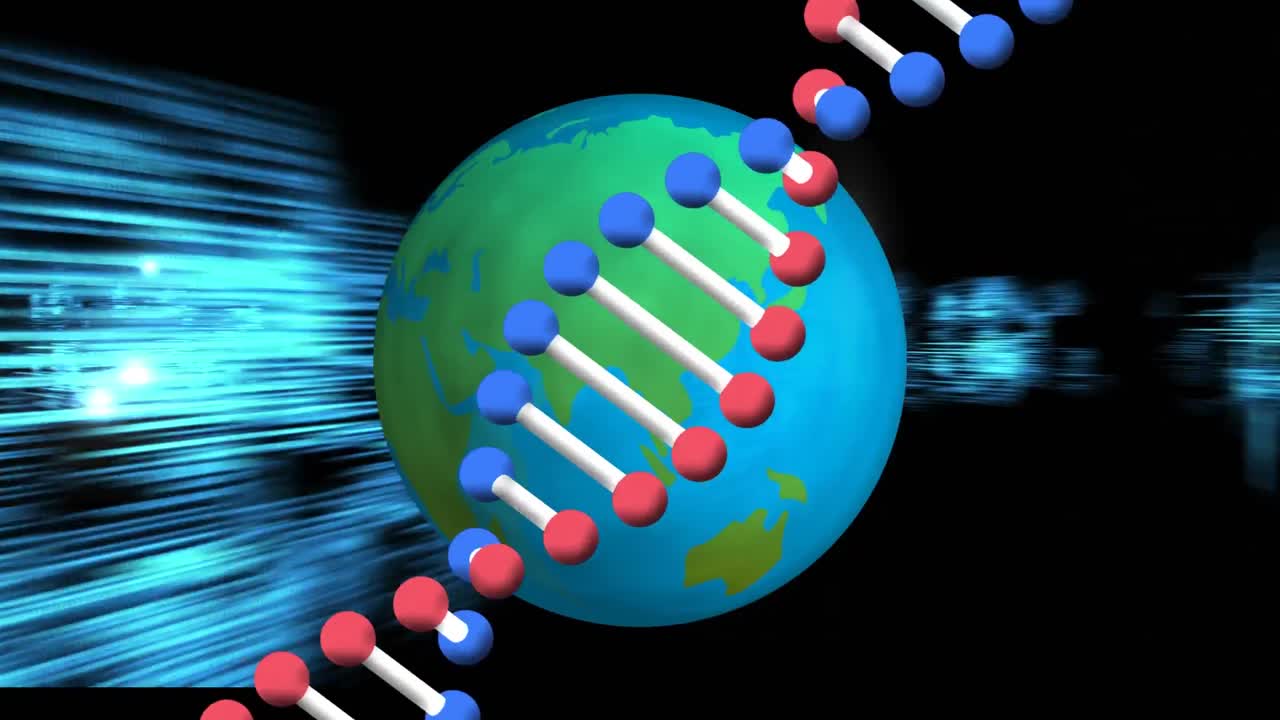 animación del hilado de cadenas de adn y procesamiento de datos médicos en todo el mundo