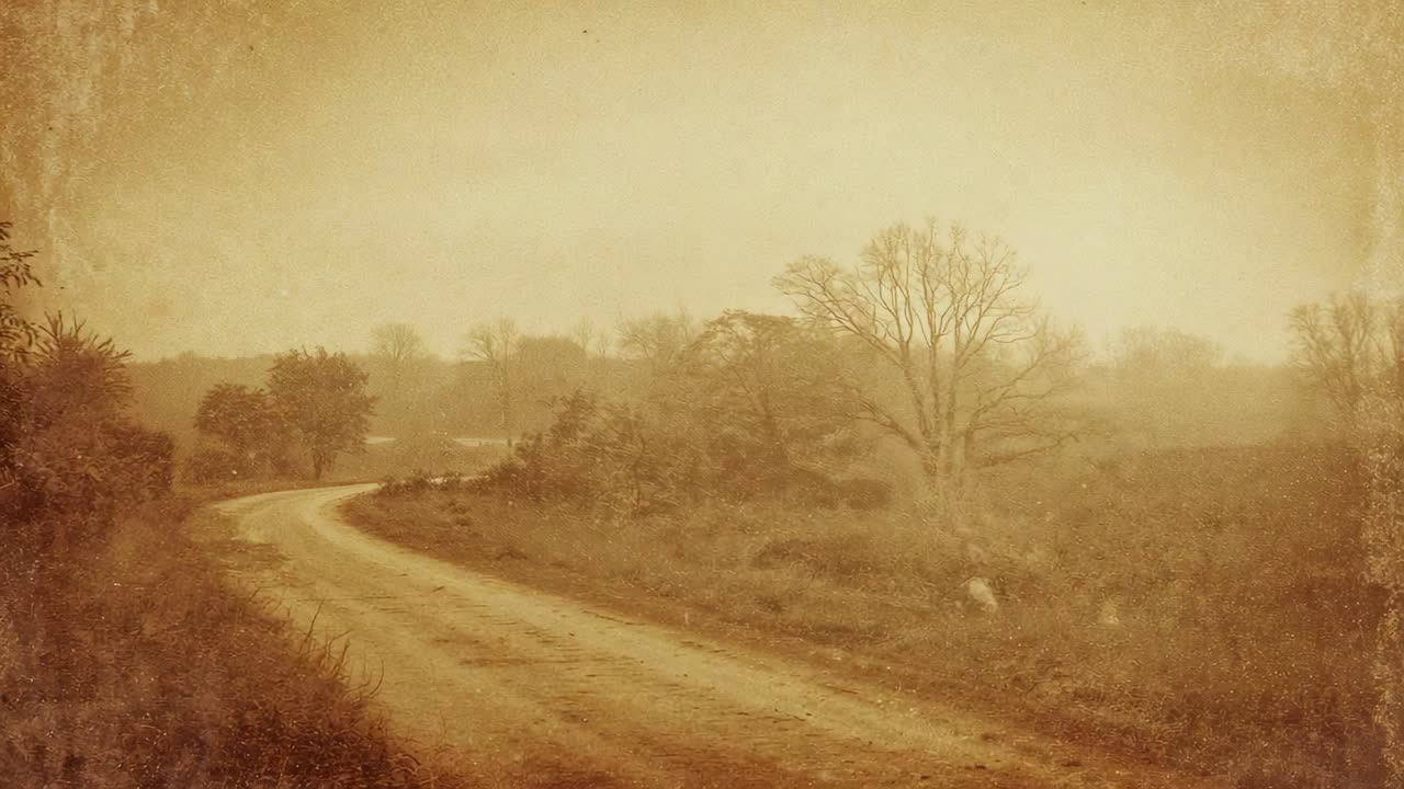 Panning camera centering curving dirt road in rural scrub, showing leafless tree and grain vignette