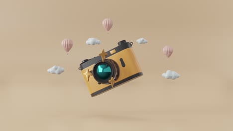 3d animated vintage camera in air with clouds and balloons.