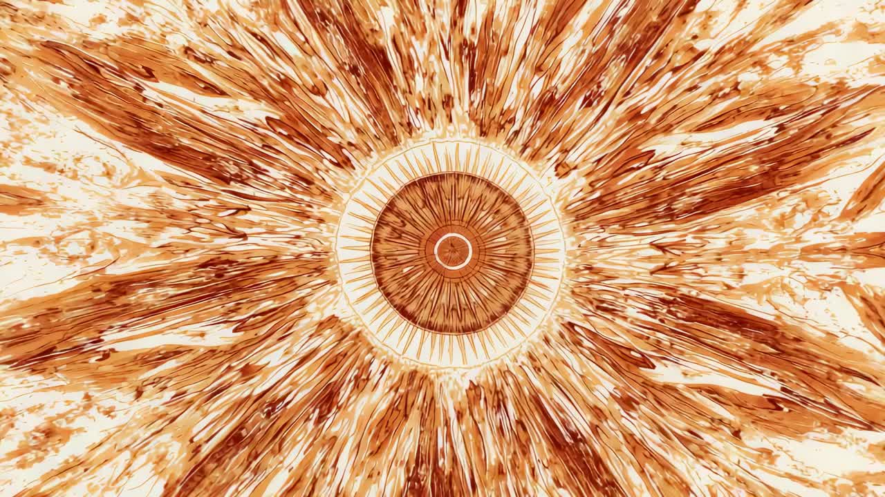 Starting loop, central ringed mandala pulsing and sending radial streaks on screen with amber tones