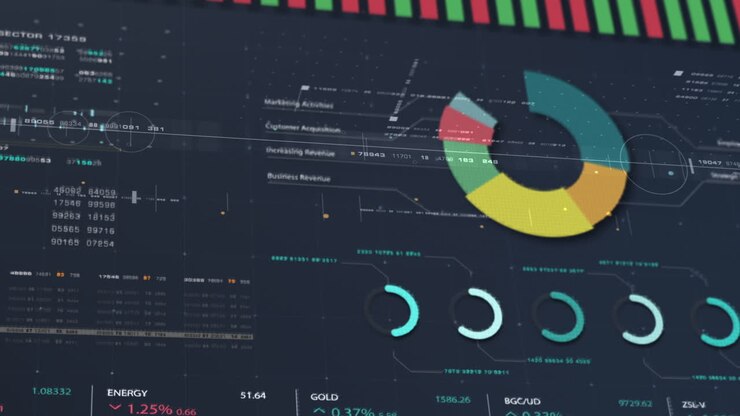 Business stock market, trading, info graphic with animated graphs, charts and data numbers insight analysis to be shown on monitor display screen for business meeting mock up theme