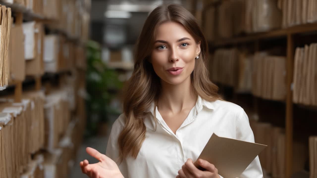 A Confident Young Woman Smiling in an Organized Archive, Holding a Document While Surrounded by Neatly Arranged Files and Folders in a Modern Office Environment