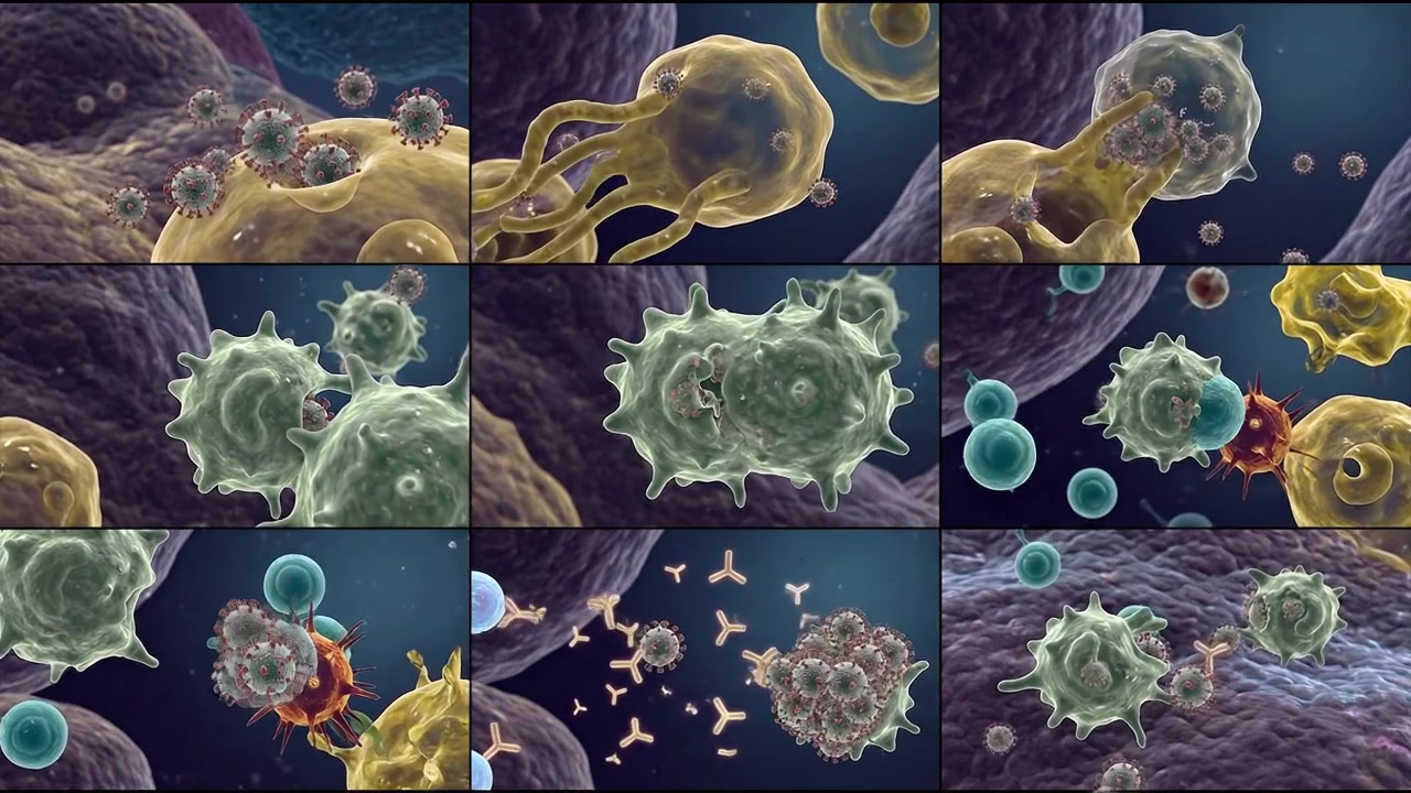 Geavanceerd microscopisch veld gevuld met cellen en kleurrijke biologische deeltjes
