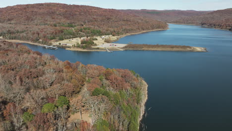 aerial view of lake fort smith state park in daytime during autumn season in mountainburg, crawford, arkansas, united states