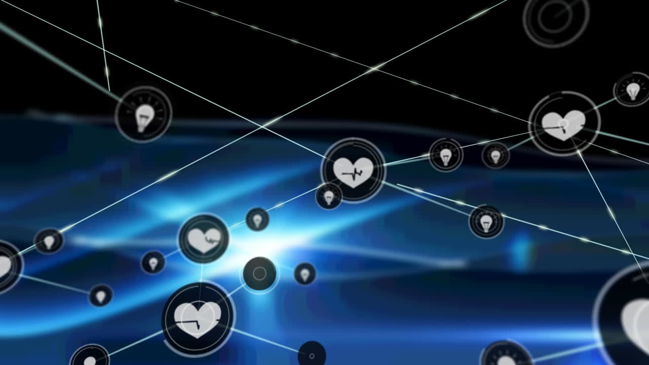 검은색 배경의 파란색 모양 위에 아이콘으로 연결 네트워크의 애니메이션