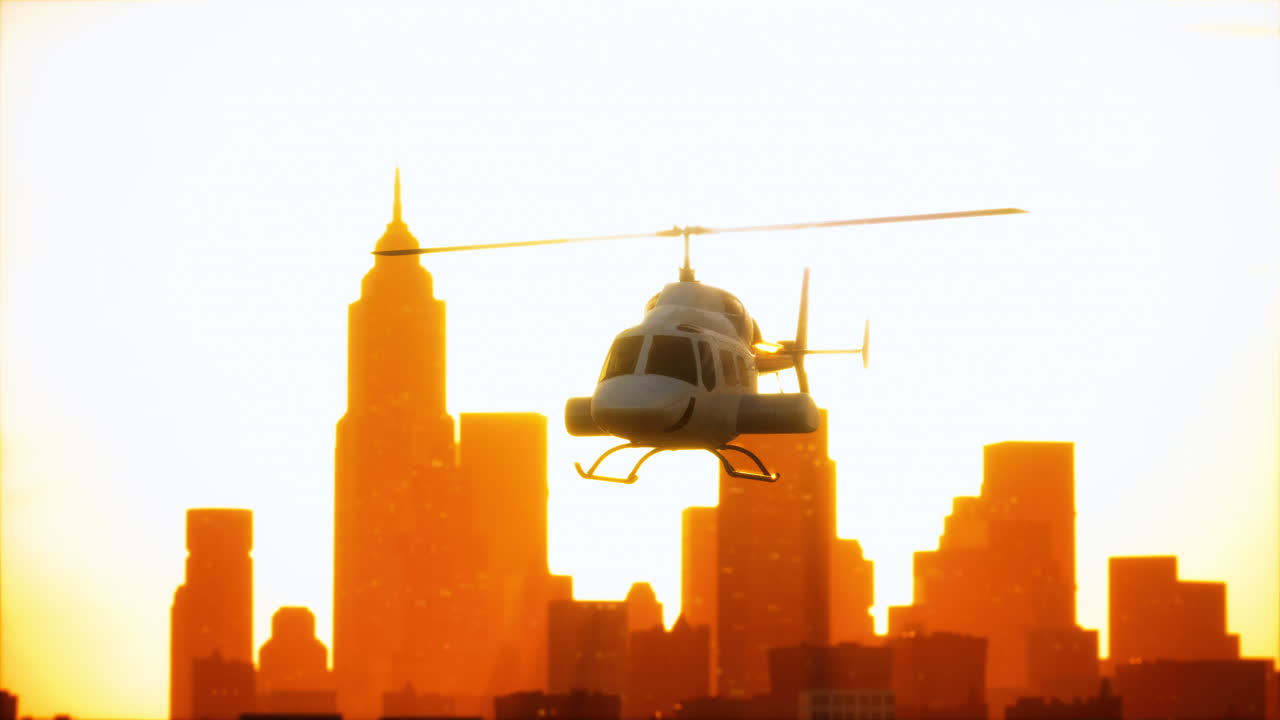 도시 풍경 배경에 실루 ⁇  헬리 ⁇ 터