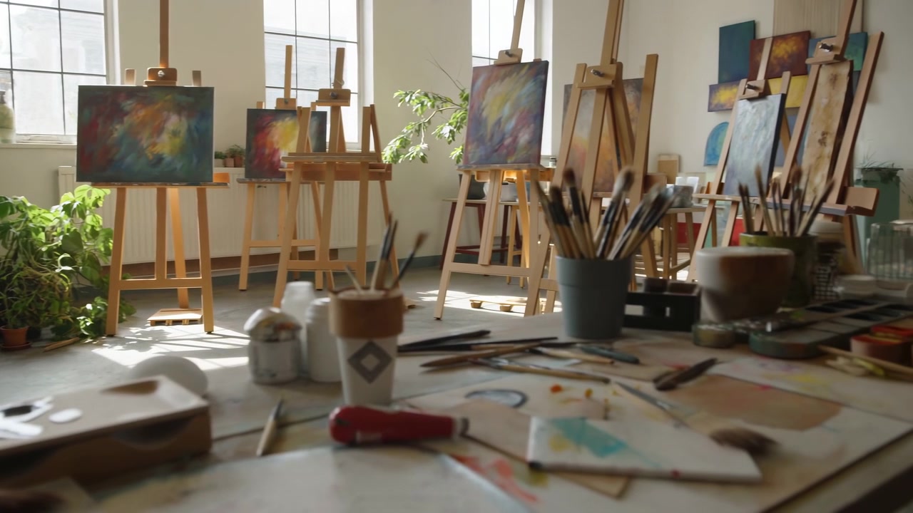 Solbeskinnet kunststudie med staffelier, lærreder, stille loftsarbejdsplads, spredte pensler, paletkrukker og vinduer, der bader rummet i lys.
