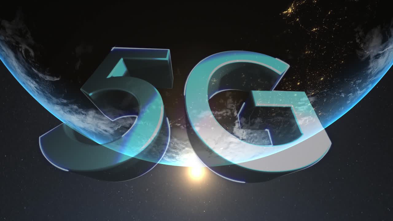 animazione digitale di testo 5g contro globo e punto di luce su sfondo nero
